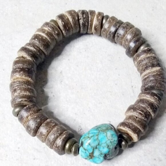 Thick & Chunky! Turquoise Magnesite & Coconut Husks Rustic Rugged 6.5" Bracelet - Picture 1 of 7